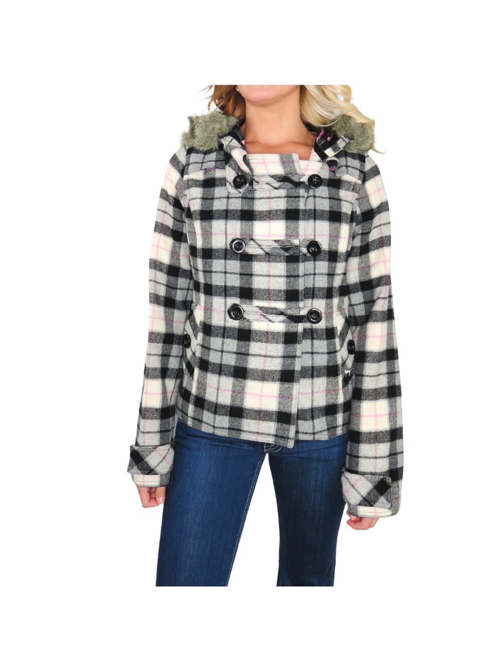 Y2K PINK Victoria’s Secret Black & White Plaid Coat Fur Hood Medium Preppy Rare